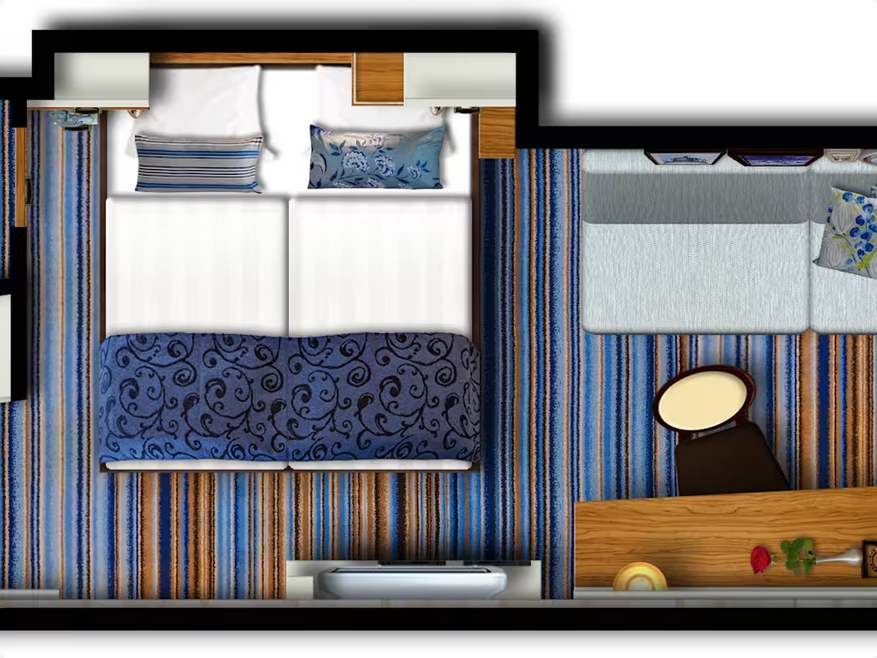 Grundriss einer Balkonkabine auf der Mein Schiff 3 – komfortables Wohnen mit eigenem Balkon und Meerblick an Bord der TUI Kreuzfahrt.